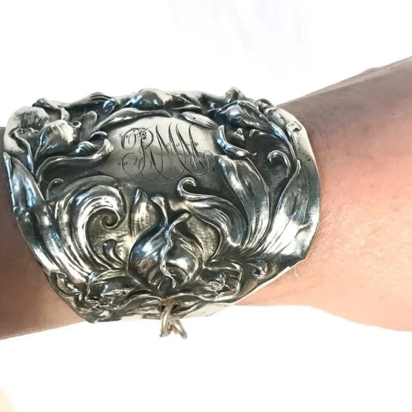 Rare Antique Goddess Sterling Silver Cuff Bracelet Victorian 925 Lady Face Wide - Picture 9 of 11